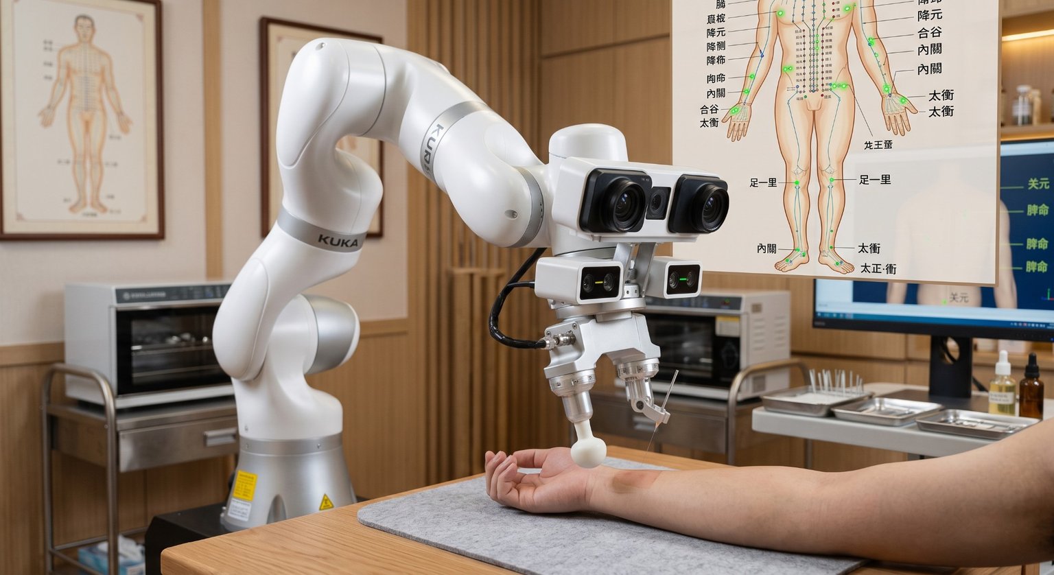 The same robot arm fitted with a stereo camera head and a depth sensor, positioned over a forearm in a traditional medicine clinic, with an acupoint wall chart and a monitor behind it.