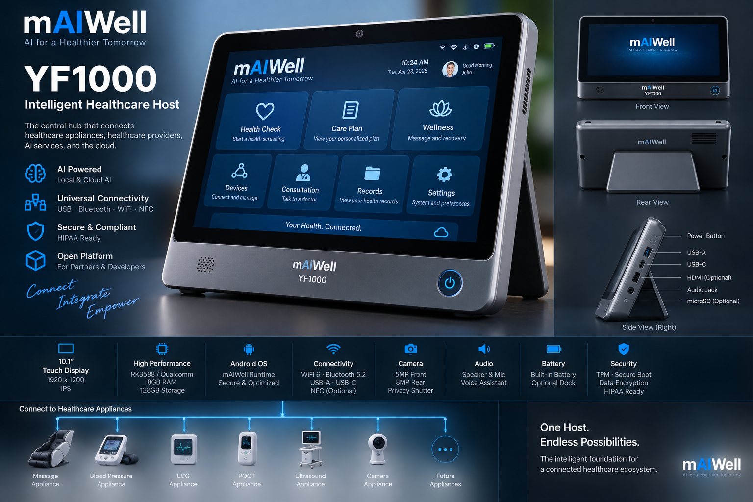 Product sheet for the YF1000 Intelligent Healthcare Host: a 10.1-inch tabletop touchscreen unit shown front, rear and side, with port callouts, a specification row, and the healthcare appliances it connects to.